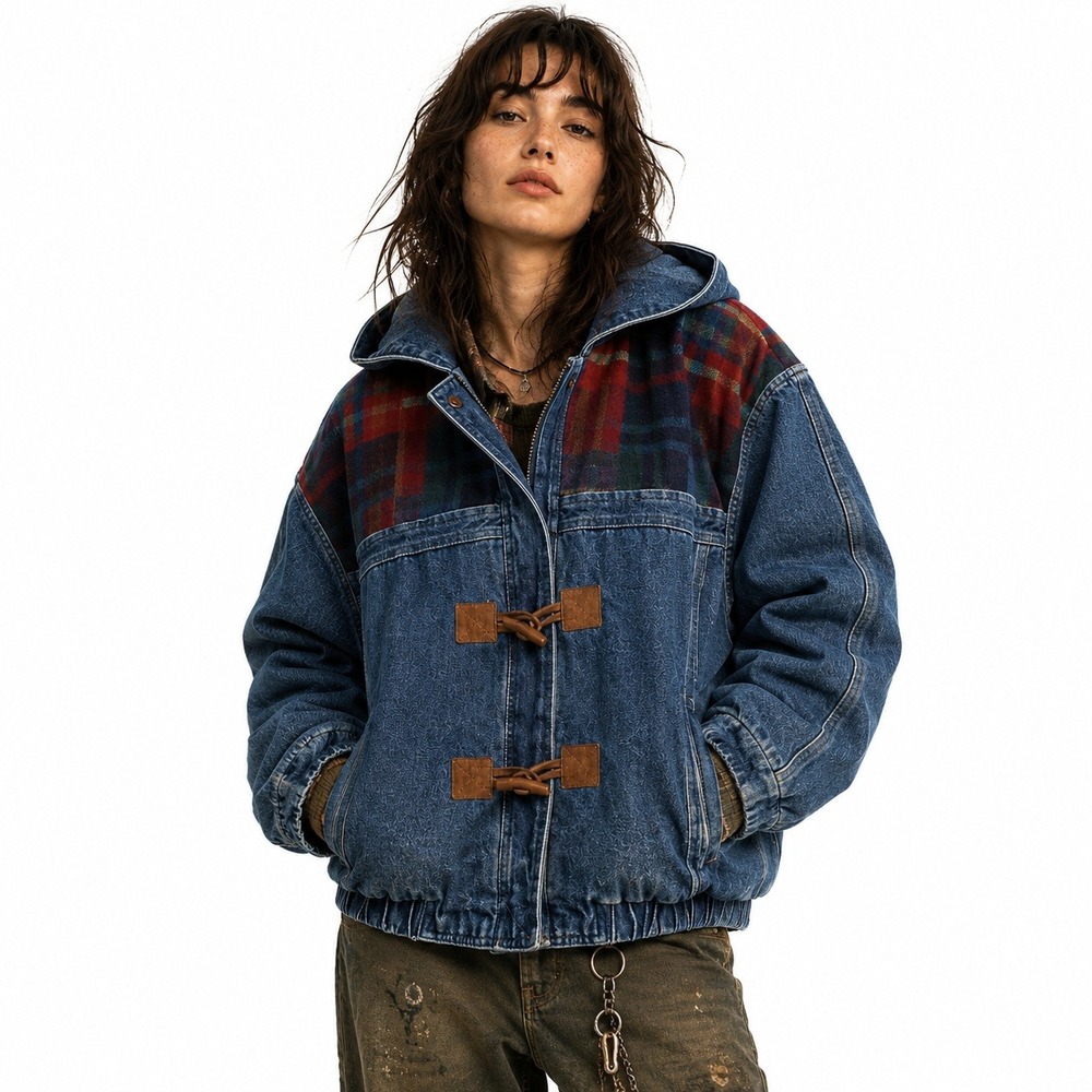 Vintage Denim Wool Hooded Jacket S Red Plaid Yoke Pig Suede Toggle 90s Grunge